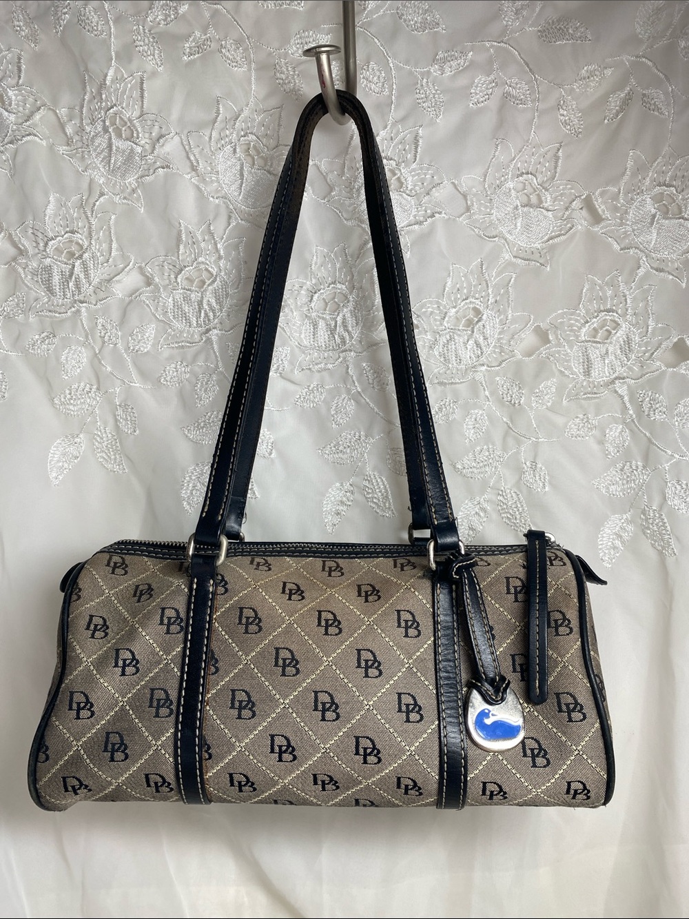 Dooney And Bourke Monogram Barrel Tote Bag in Beige and Black